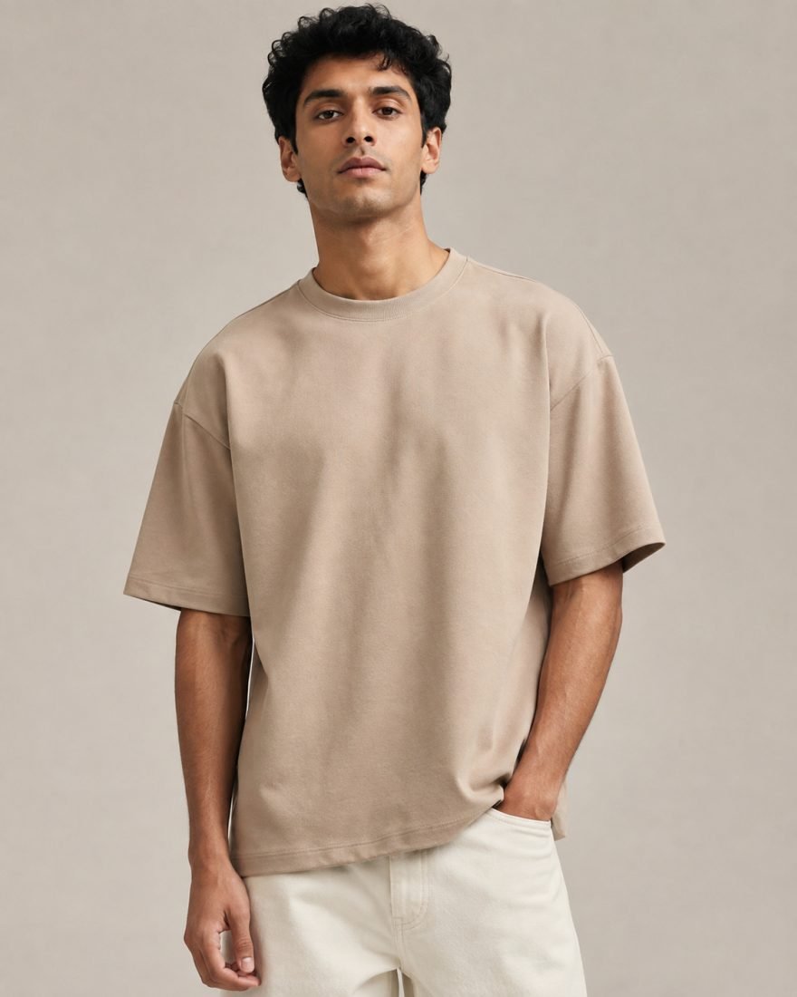Man wearing a GlobalFits oversized taupe t-shirt with cream trousers
