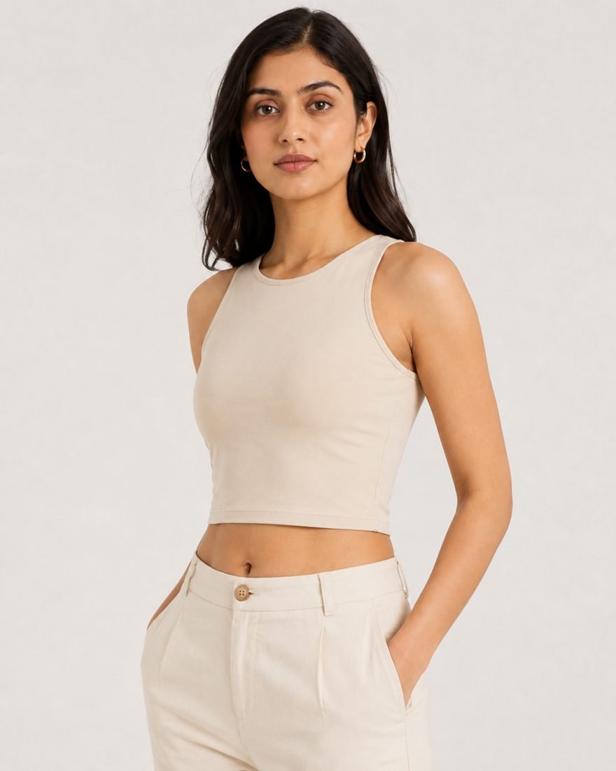 Woman wearing a GlobalFits ribbed tank top with tailored cream trousers